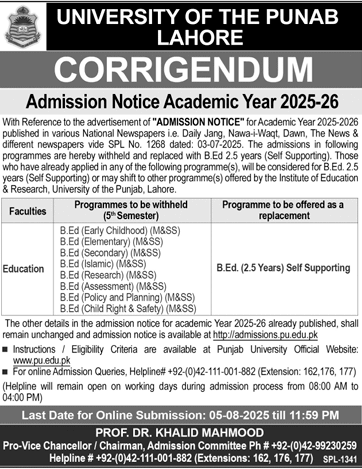 Admission open in University of the Punjab Lahore